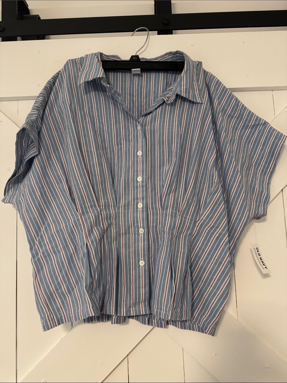 Old Navy Blue and White Striped Cinched Waist Short-Sleeve Button-Up Shirt